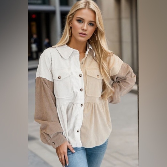 None Tops - Cream and Tan Peplum Button Down Shirt